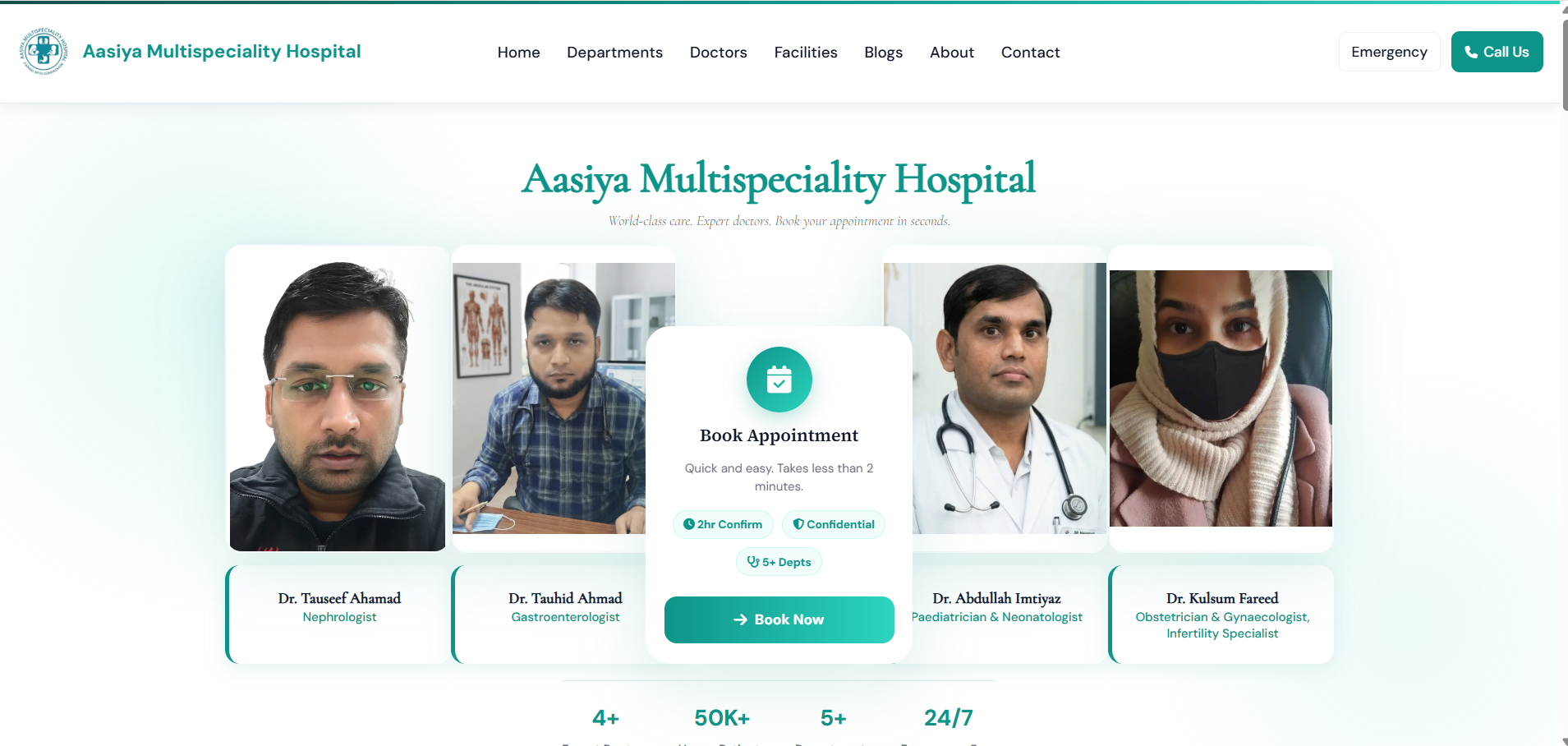 Aasiya Hospital website homepage with appointment booking system